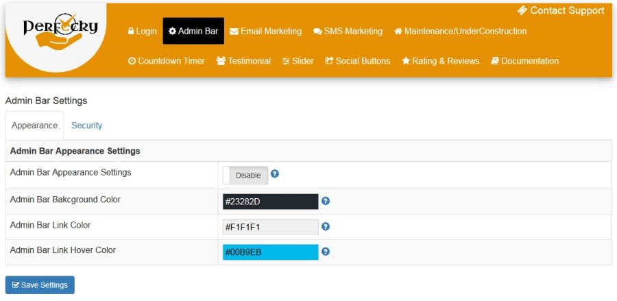 Perfecky Pro Admin bar Appearance settings