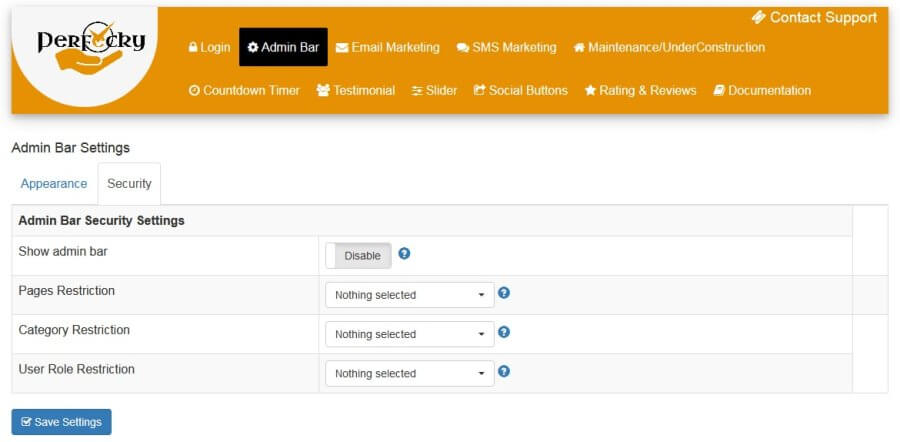 Perfecky Pro Admin bar Security settings