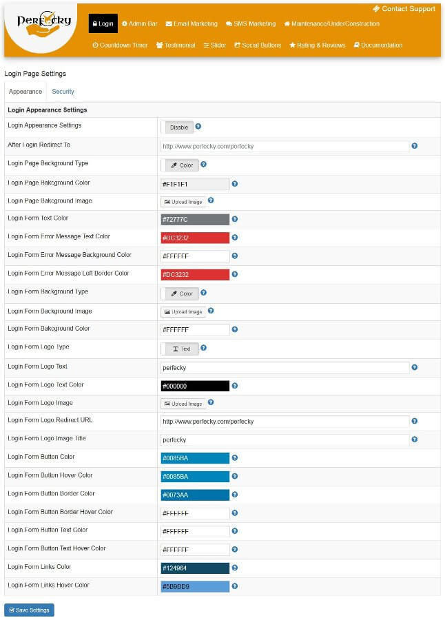 Perfecky Pro Login Appearance settings