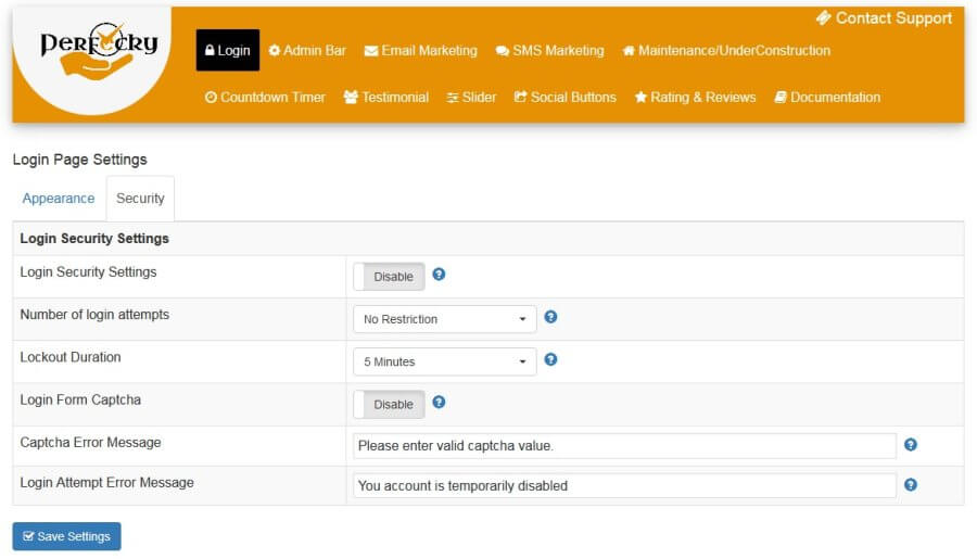 Perfecky Pro Login security settings