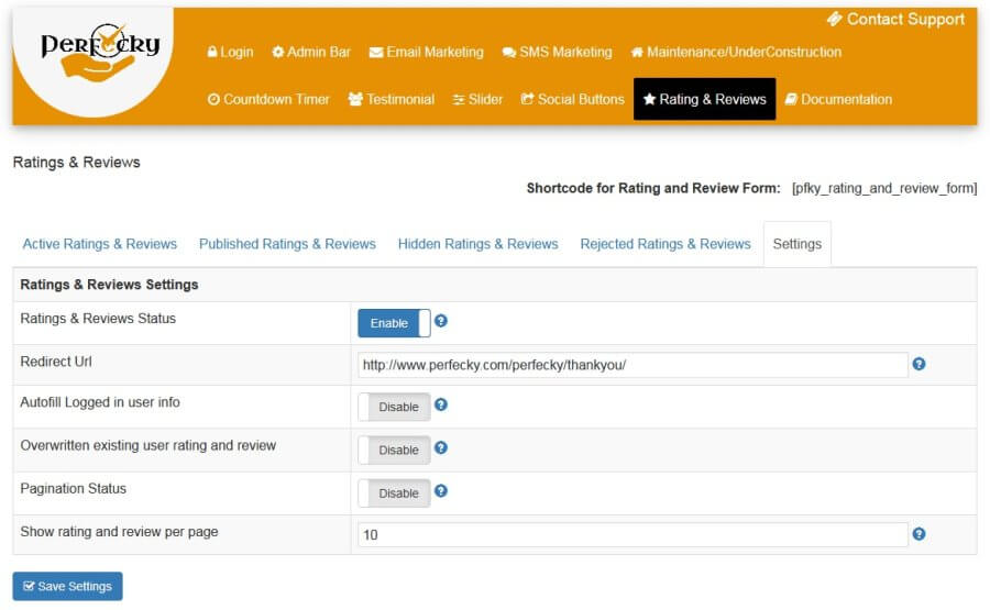 Perfecky Pro Ratings & Reviews Settings