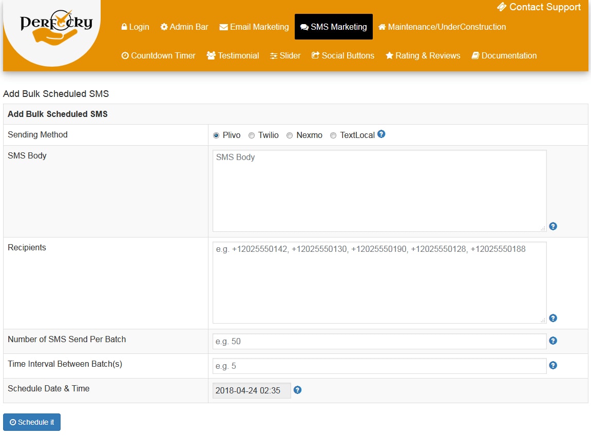 Perfecky Pro Scheduled single/bulk sms sending