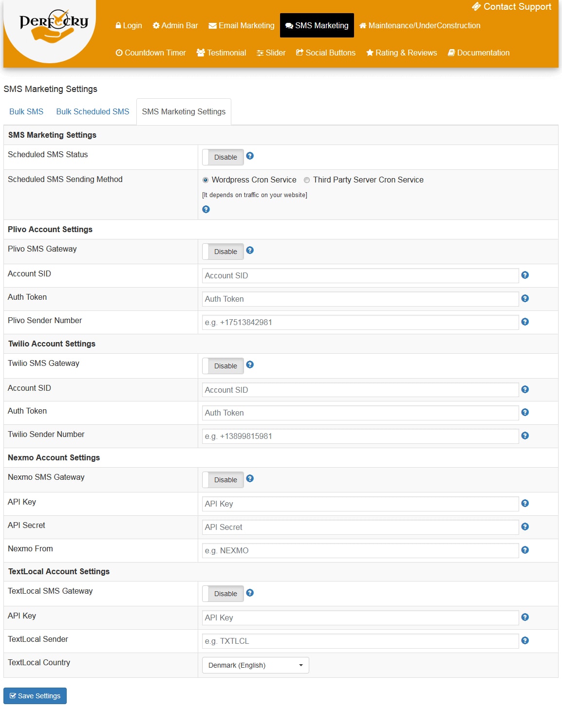 Perfecky Pro sms settings