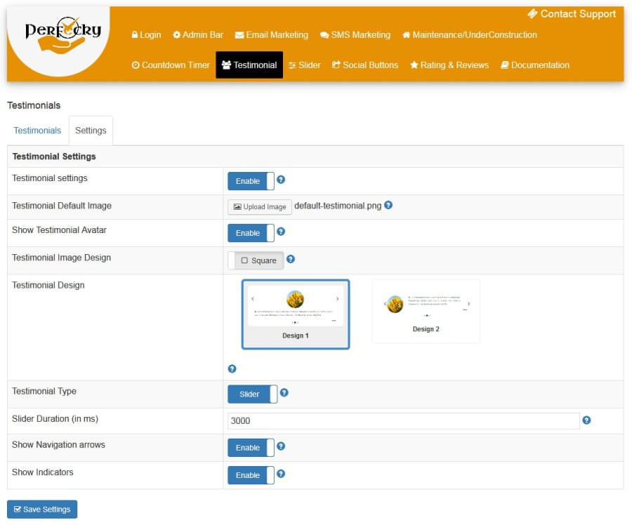 Perfecky Pro Testimonial Settings