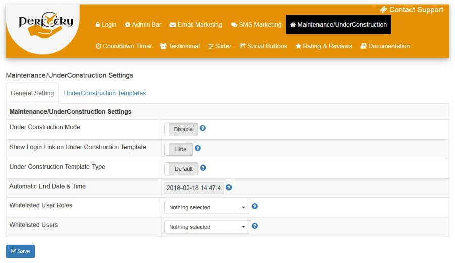 Perfecky Pro General Maintenance/UnderConstruction Settings